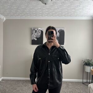 Black Faux Leather Button-Up Jacket